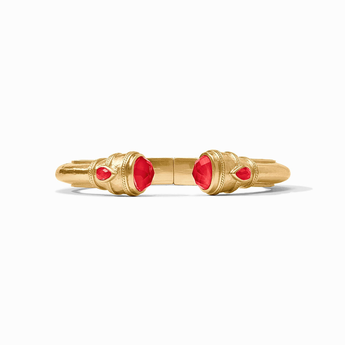 Cannes Demi Cuff in gold with shell pearl endcaps and pear-shaped gemstones.