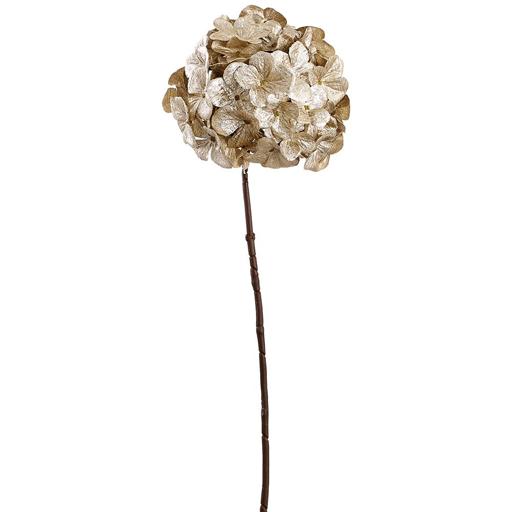 Gold metallic hydrangea spray with a 26-inch polyester and plastic silhouette.