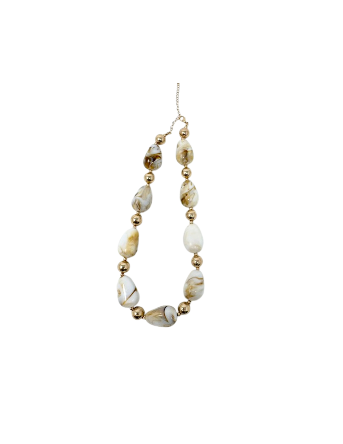 Acrylic pebble multi-beaded necklace with marbled neutral stones and gold metallic beads.