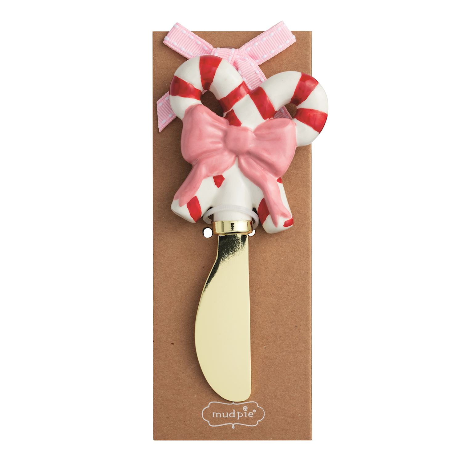 Whimsy Christmas spreader with a hand-painted candy cane and pink bow handle on a gold blade.