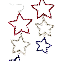 Silver-tone hook earrings featuring a three-tiered crystal star dangle with red, white, and blue accents.