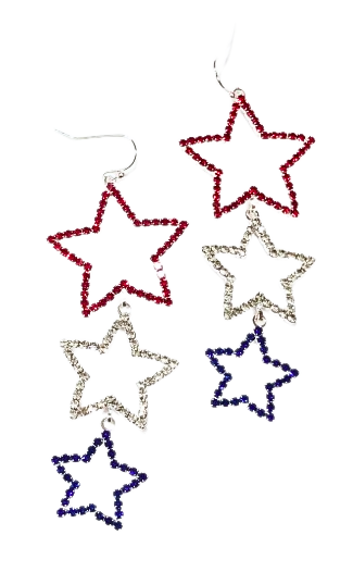 Patriotic star dangle earrings with red, silver, and blue crystal tiered stars on hooks.