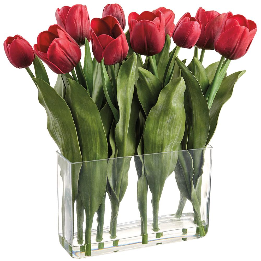 Tulip-shaped glass vase with a wire frame structure in clear color.