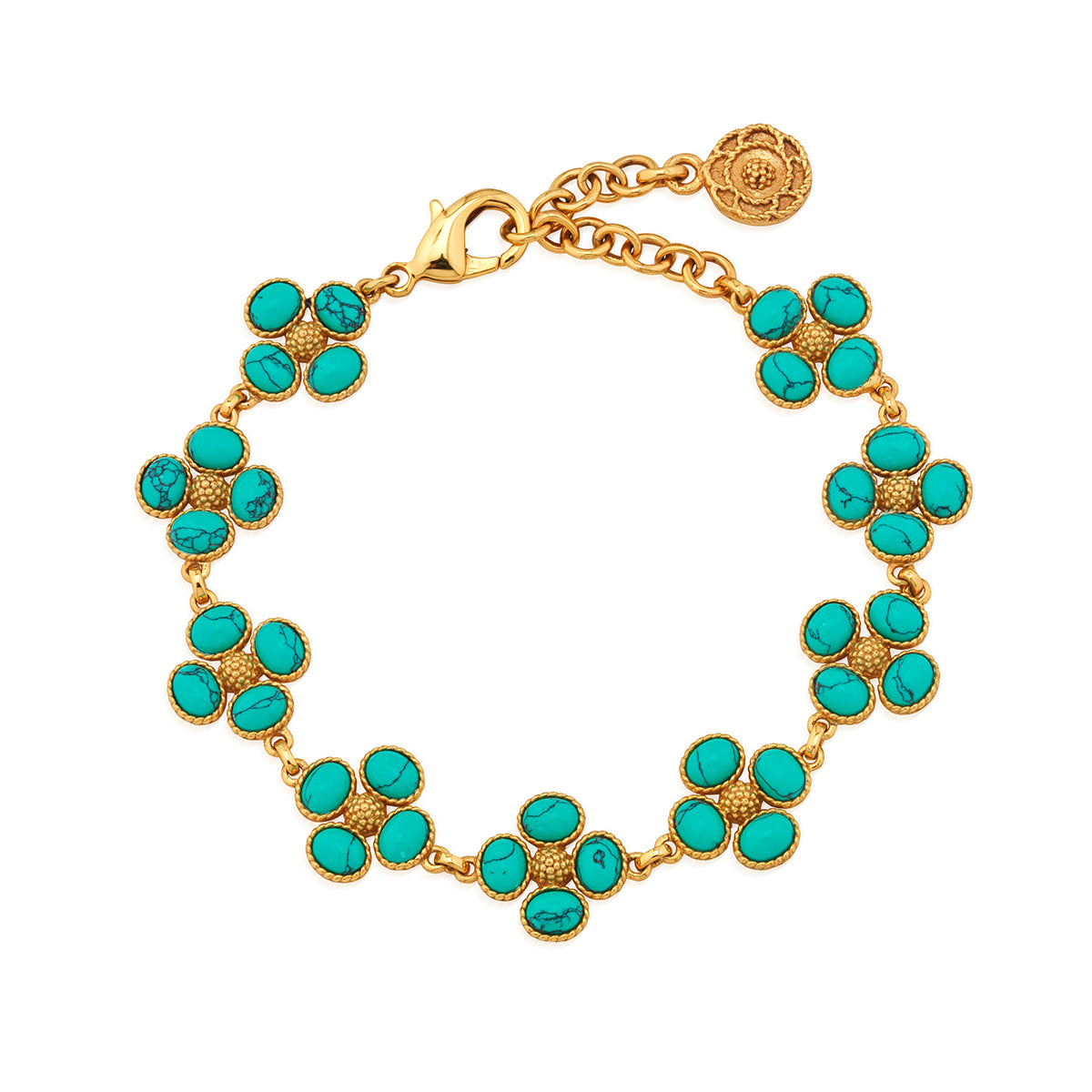 Turquoise Berry Clover link bracelet with a turquoise chain.