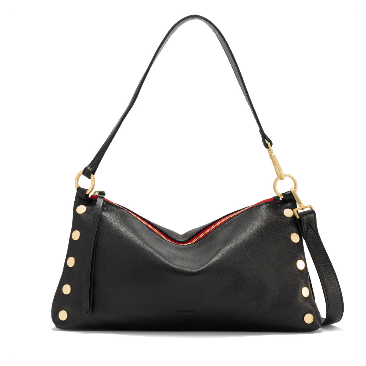 Black pebble leather crossbody bag with brushed gold hardware, red twill lining, and a front zip closure.