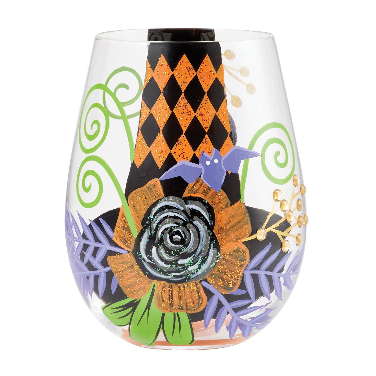 Hand-painted witch hat stemless wine glass with vibrant colors in a decorative silhouette