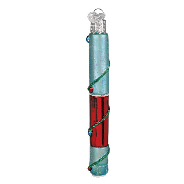 Ho Ho Ho O'santic glass ornament with blue and red sections and green glitter spiral detail.