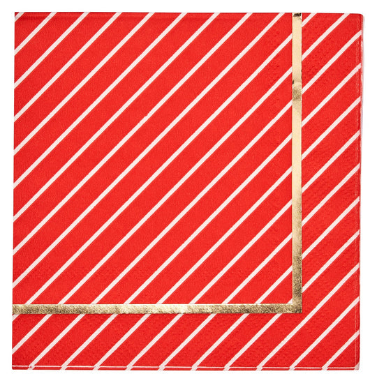 Scarlet red cocktail napkin with diagonal white stripes and a gold foil border detail.