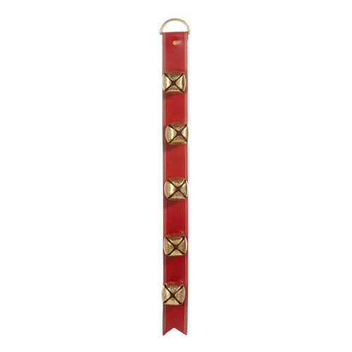 Red leather sleigh bell door hanger with iron accents measuring 32 inches tall.