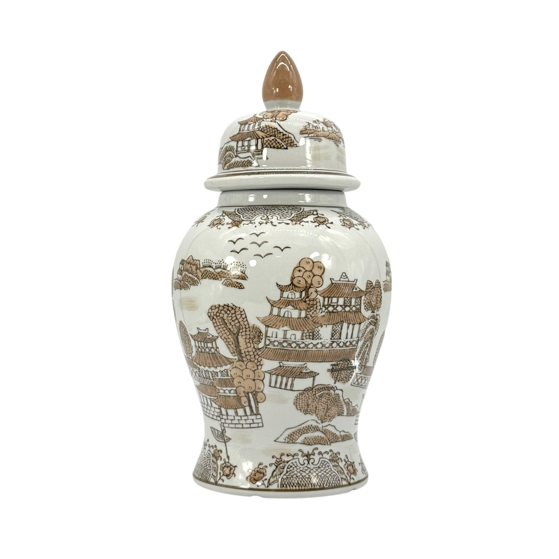 14-inch brown and white Chinoiserie ginger jar with a landscape scene and pointed lid.