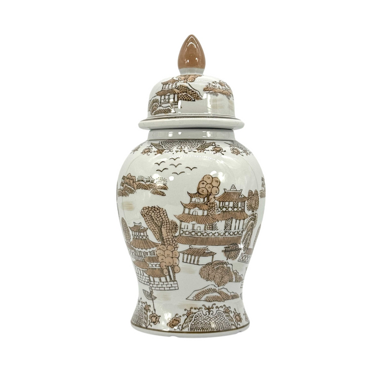 14-inch brown and white Chinoiserie ginger jar with a landscape scene and pointed lid.