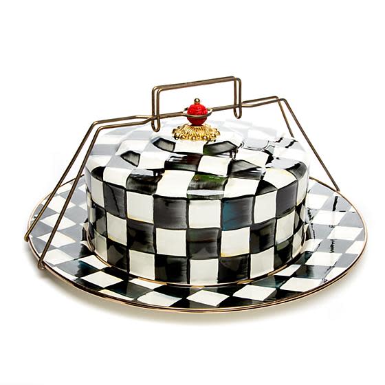 Courtly Check Enamel Cake Carrier with black and white hand-painted checks and bronzed handle.