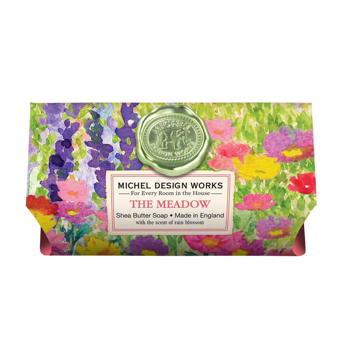 Michel Design Works The Meadow shea butter soap bar with a colorful floral watercolor print.