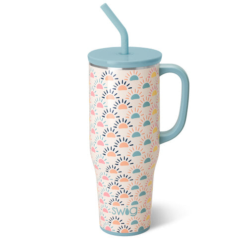 40oz Mega Mug in silver stainless steel with a comfort-grip handle, flexi-tip straw, and silicone base.