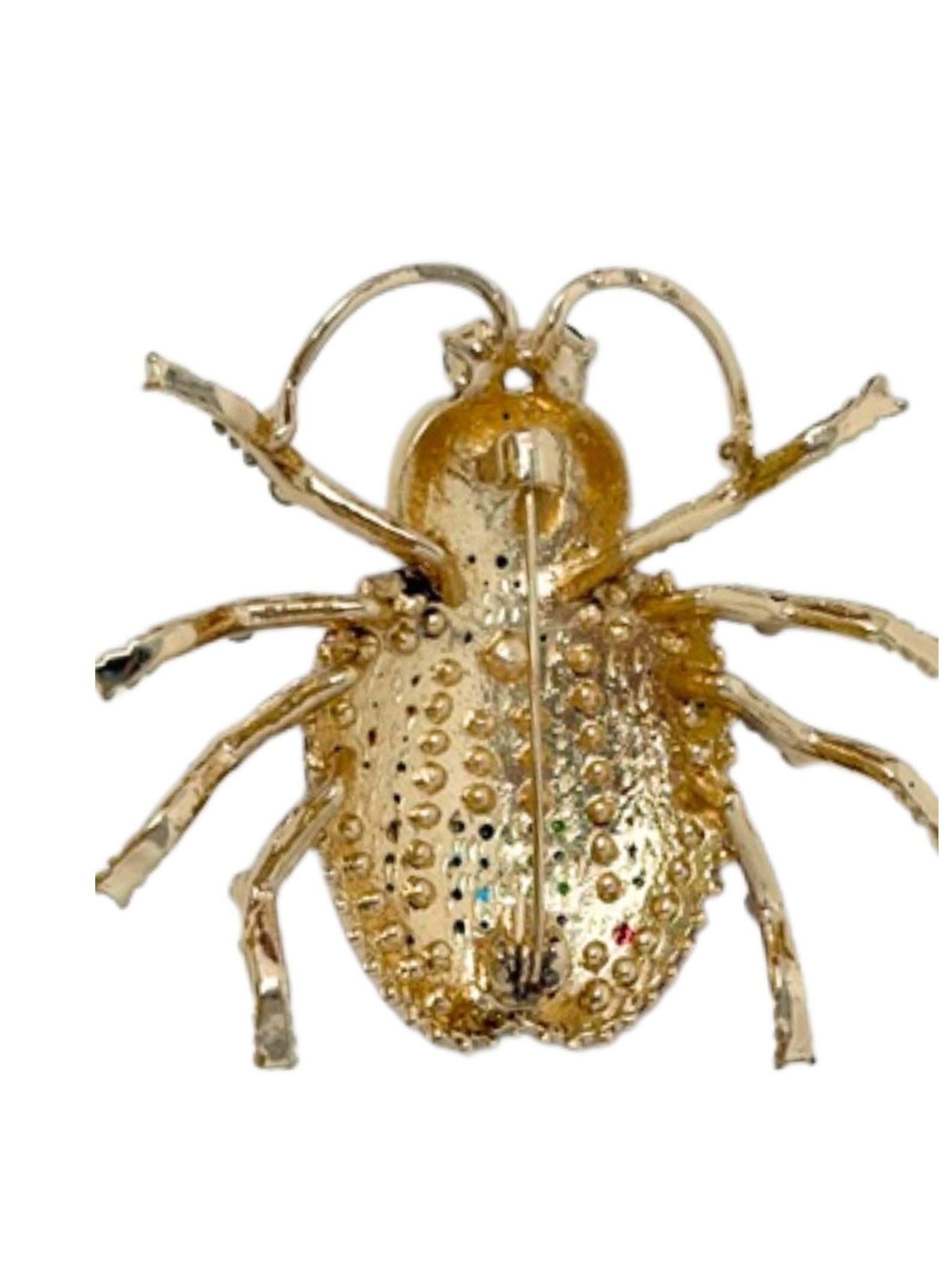 Back view of a gold-tone insect brooch with a pin clasp and multi-color crystal accents.
