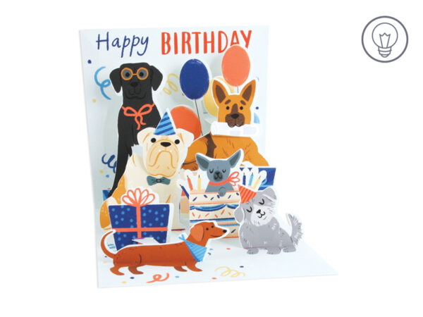White envelope birthday card with blue foil text reading Happy Birthday