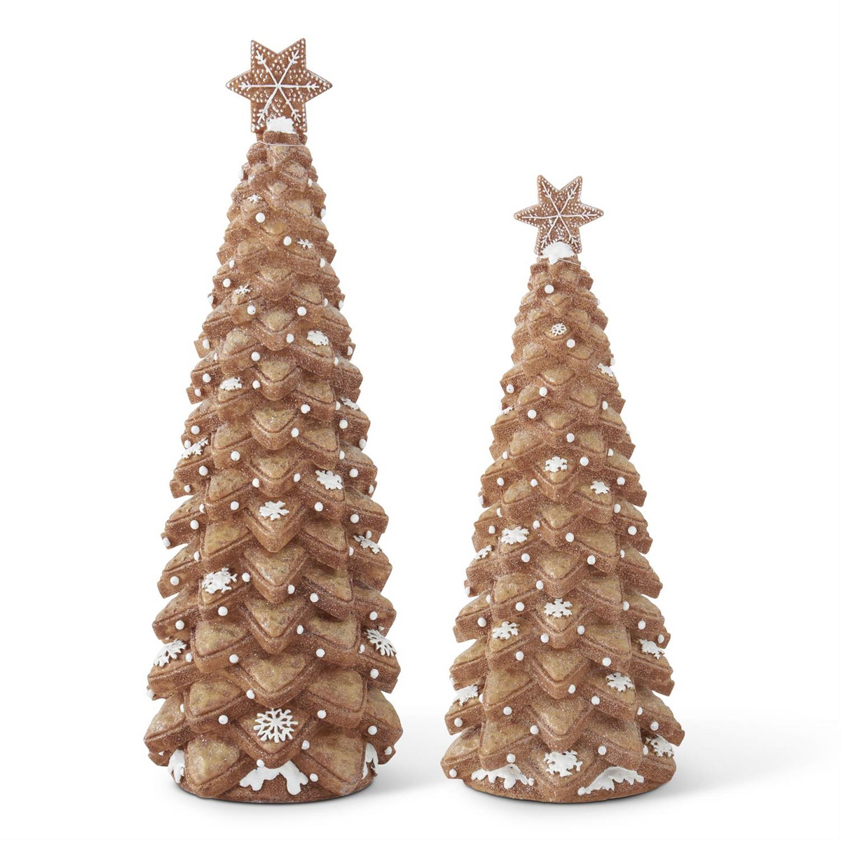 Two glittered resin gingerbread cookie trees in small and large sizes with star toppers.