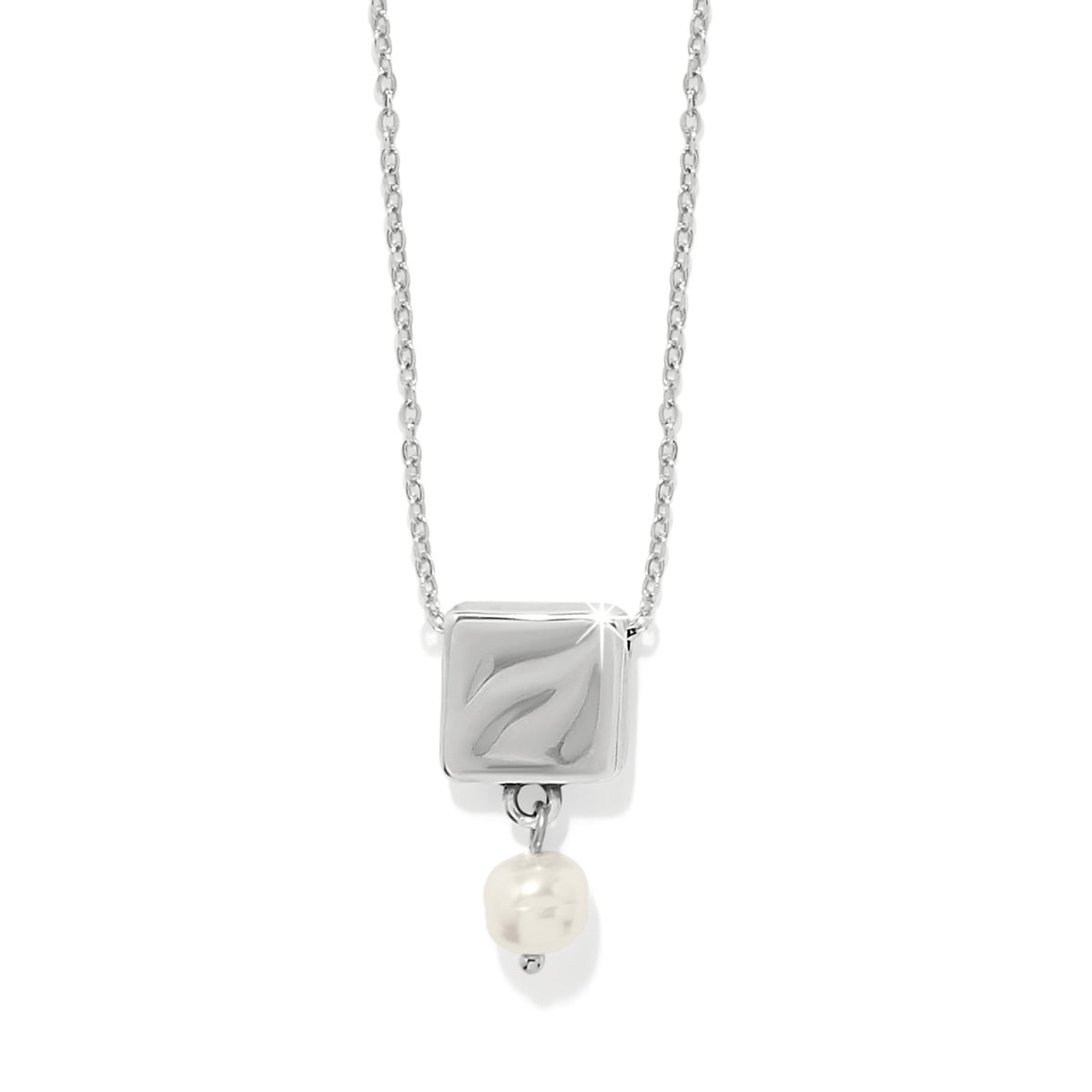 Silver-plated Cascade Cuadra necklace with a pearl drop pendant on an adjustable chain.