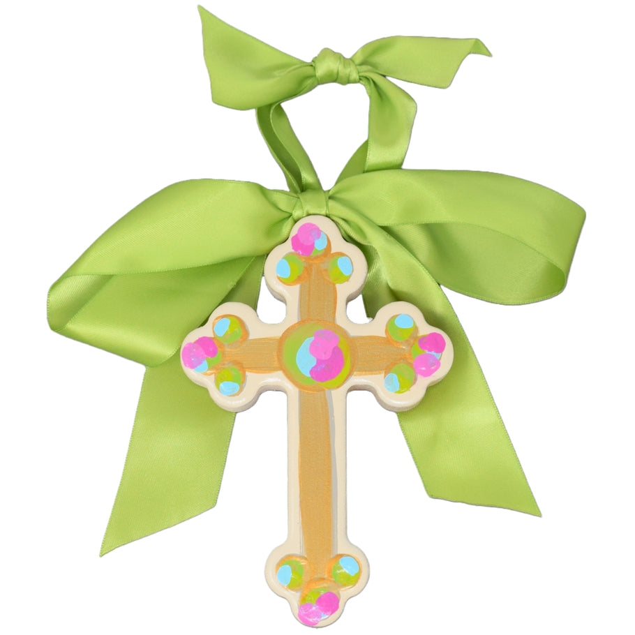 Hand-painted MDF cross with a satin bow top, gold back paint, artist signature, and slight design variations.