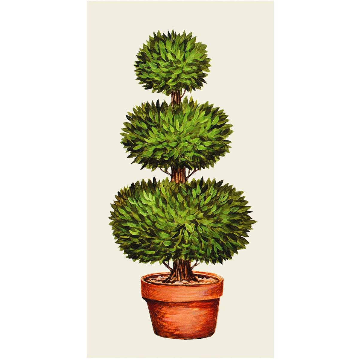 Decorative paper guest napkin featuring a green three-tiered topiary tree in a terracotta pot.