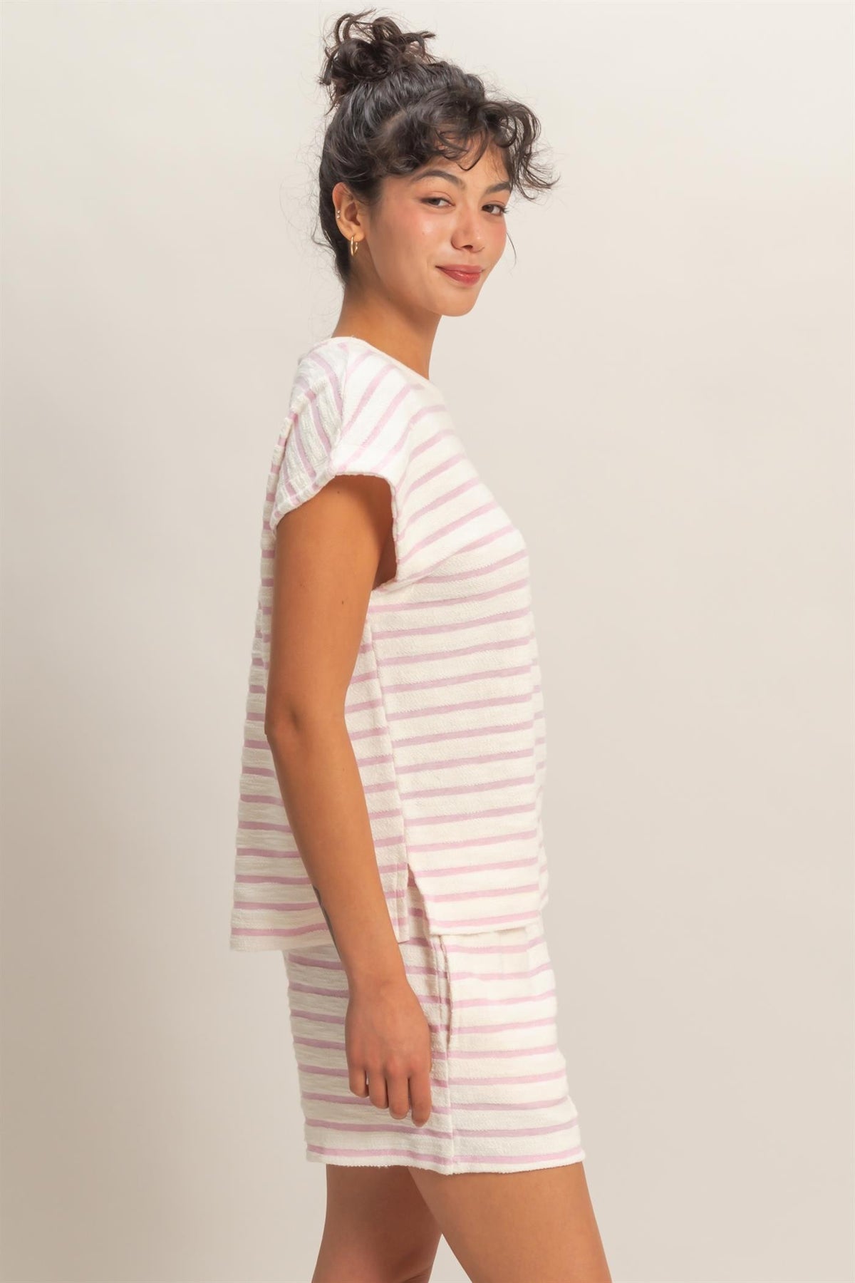 Sandra striped round neck short sleeve top in cotton polyester blend
