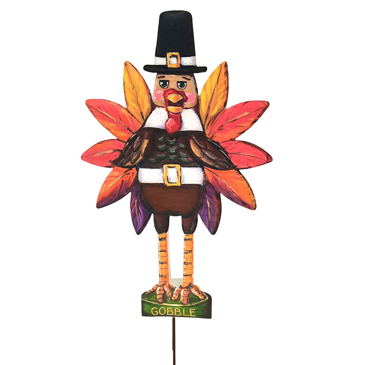 Hand-painted wooden turkey nutcracker wearing a pilgrim hat and belt on a green base labeled Gobble.