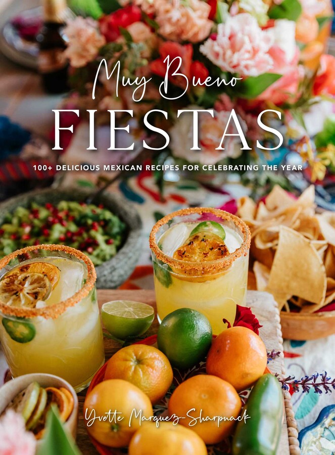 Muy Bueno Fiestas cookbook cover with Mexican drinks, guacamole, chips, and citrus fruits.