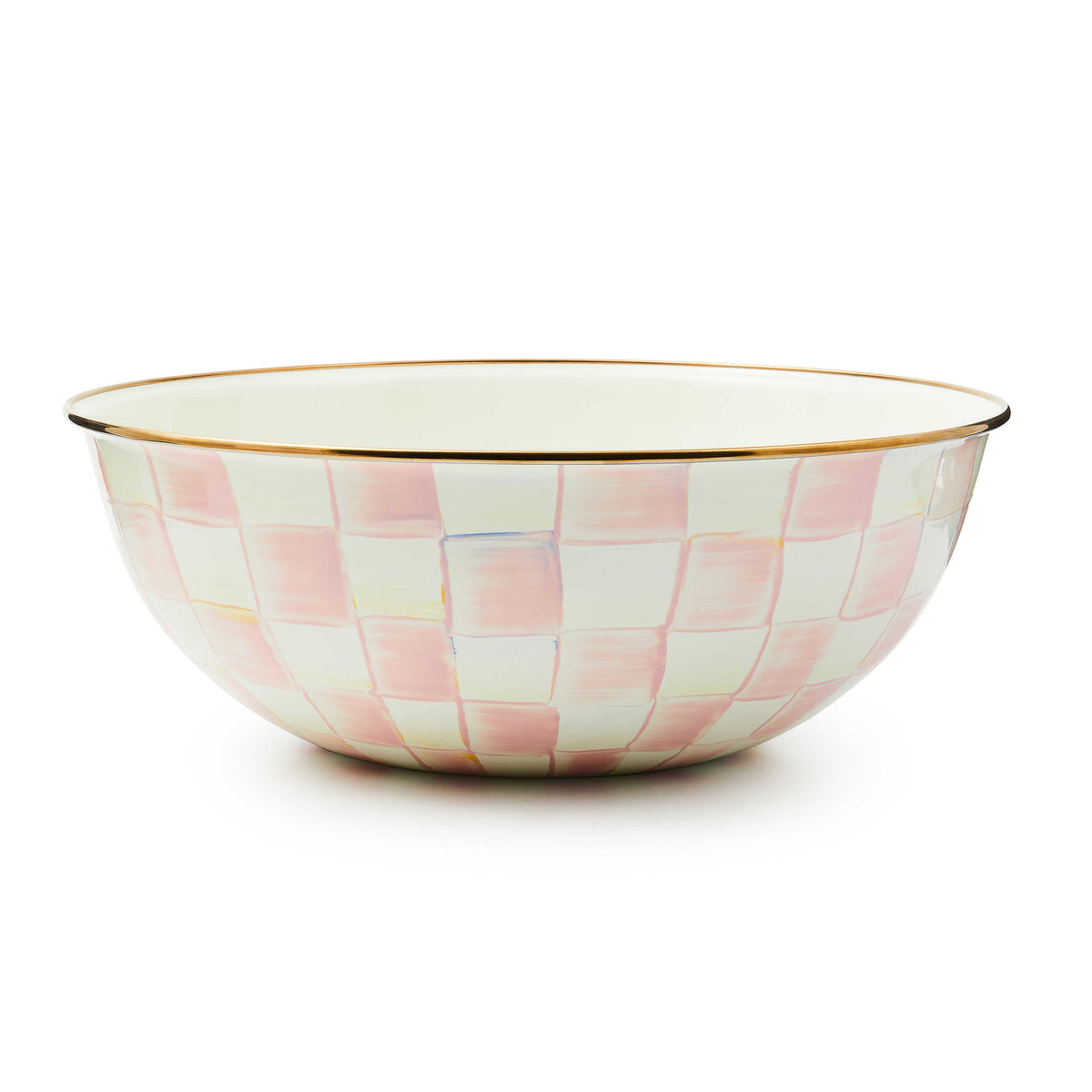 Extra large white enamel bowl with hand-painted pink and white checks and a bronzed steel rim.