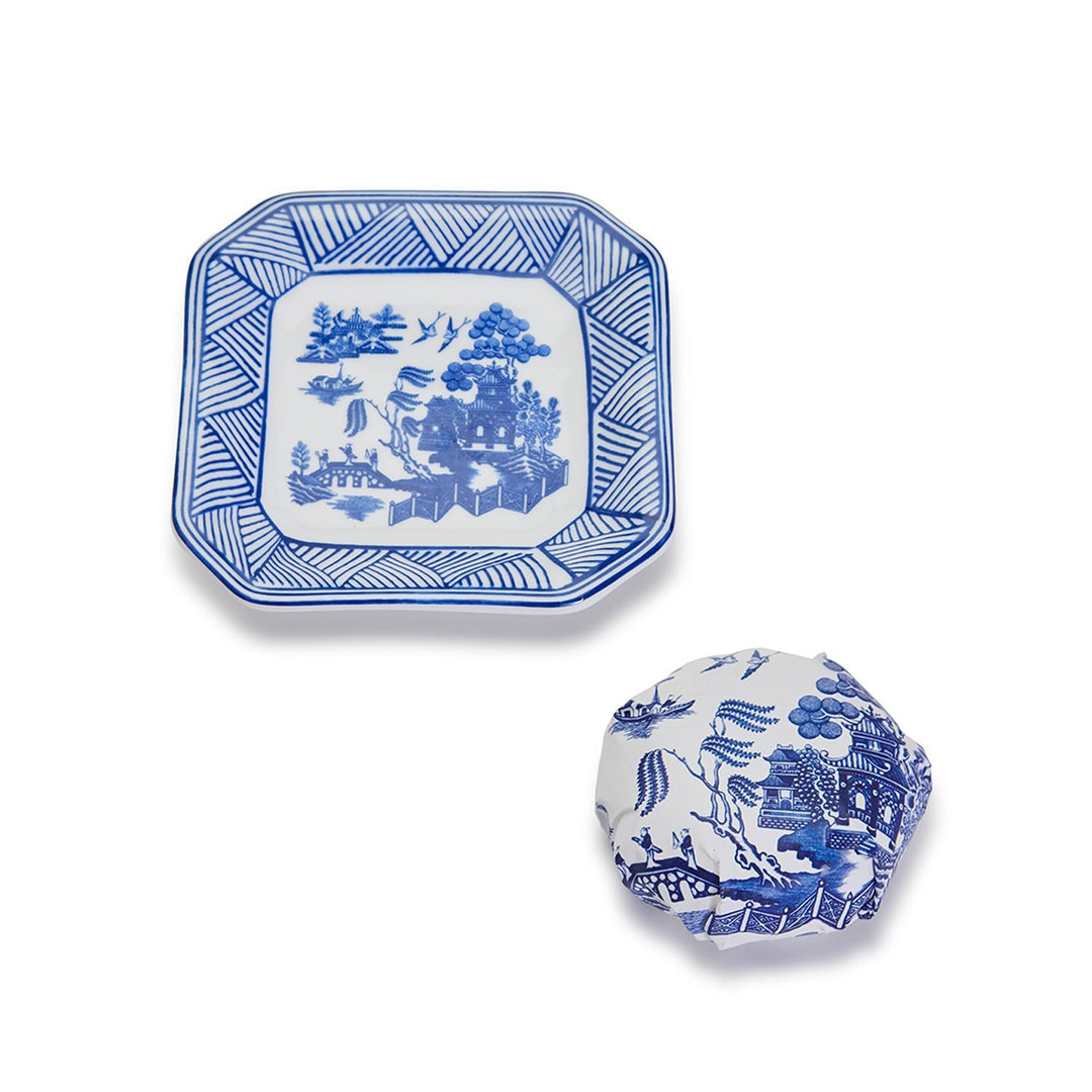 Blue Willow pattern porcelain tray and matching wrapped sandalwood scented soap.