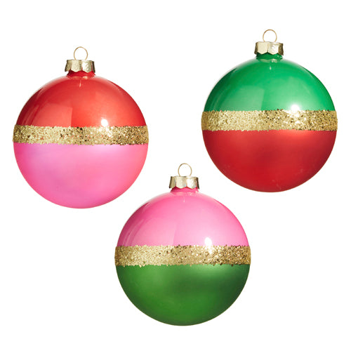 Glass dual-color ball ornament measuring four inches in diameter with a smooth spherical silhouette.