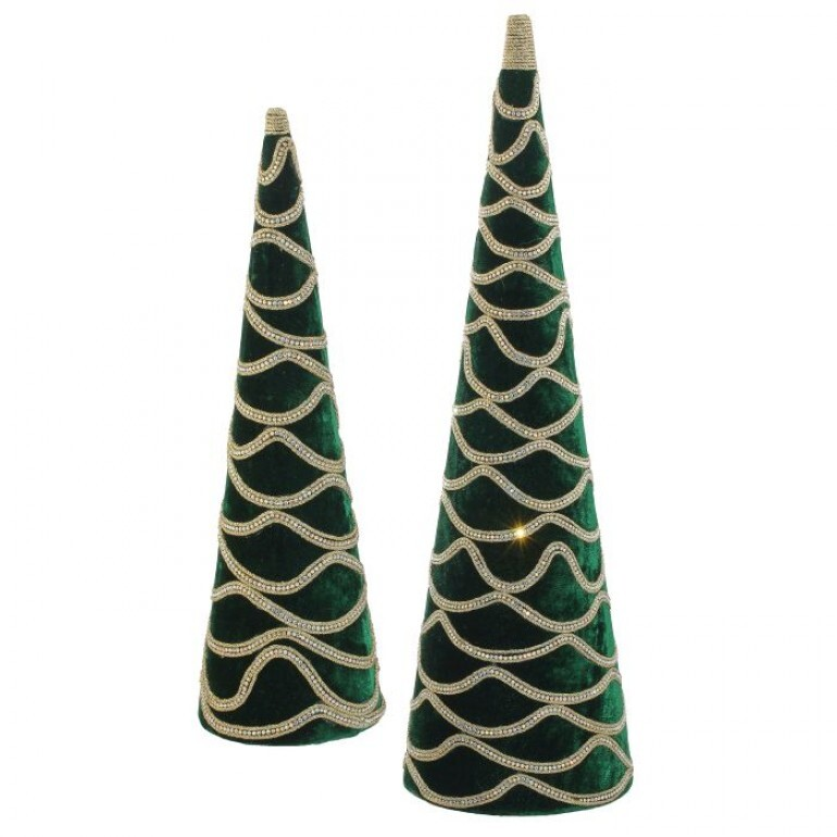Two green velvet cone trees with wavy gold jewel embellishments in different sizes.