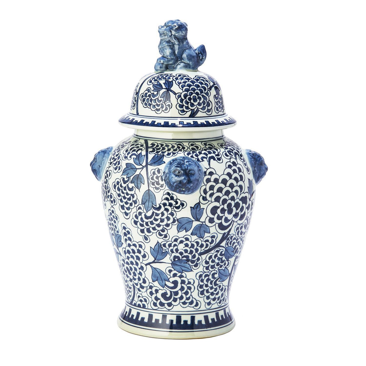 Blue and white porcelain temple jar with hand-painted peony flowers and a foo dog lid finial.