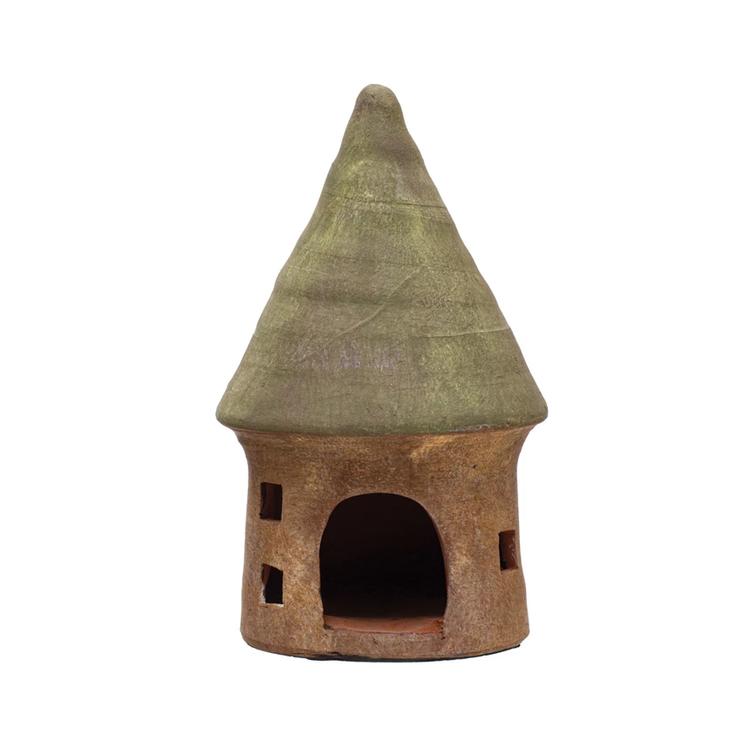 Terra-cotta toad house with a pointed green roof and natural brown base with small windows.