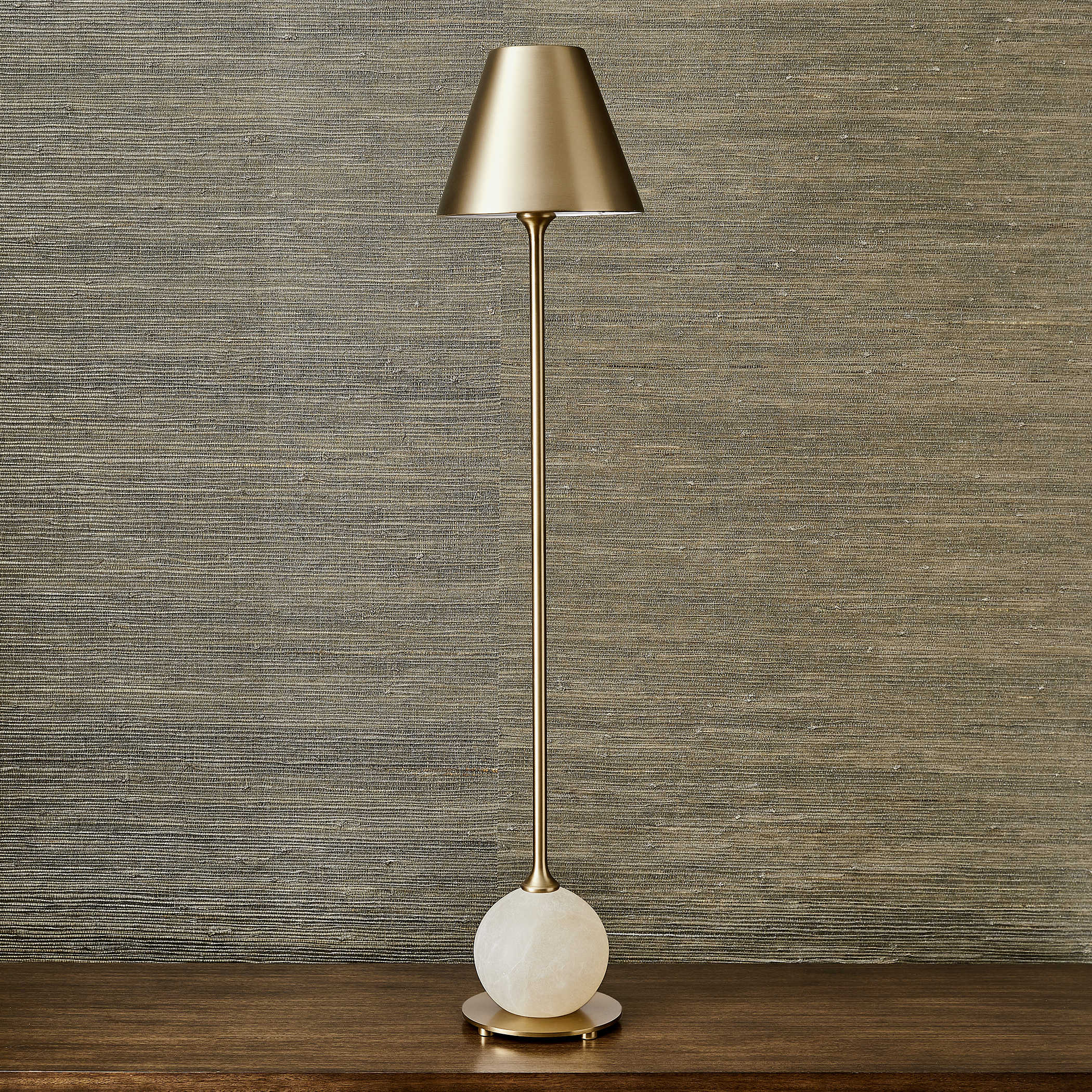 Poise Buffet Lamp with a tall rectangular shade in neutral tones.