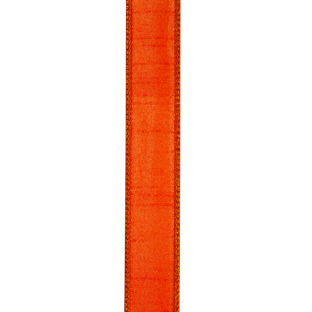 Orange Shimmer Crepe Dupioni Wired Edge Ribbon with metallic gold borders.