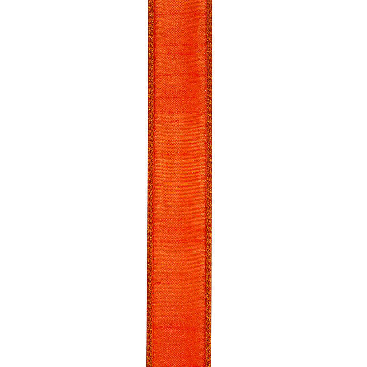 Orange Shimmer Crepe Dupioni Wired Edge Ribbon with metallic gold borders.