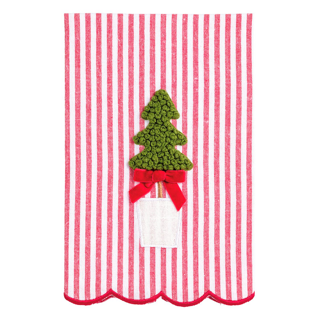 Red and white striped tea towel with a green textured Christmas tree topiary and red velvet bow.