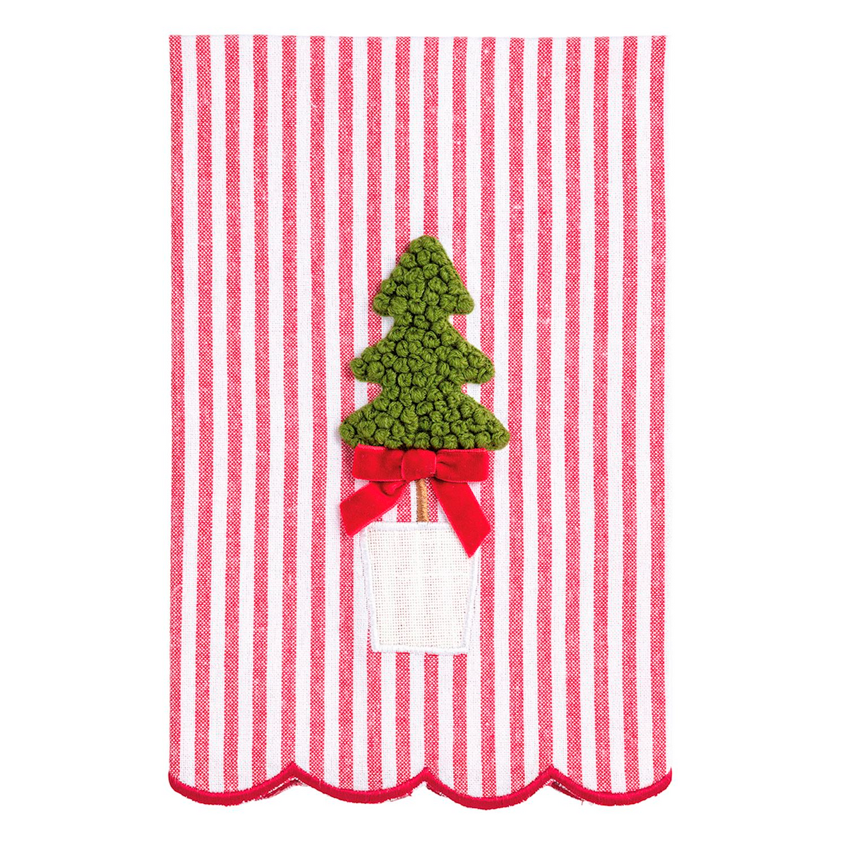 Red and white striped tea towel with a green textured Christmas tree topiary and red velvet bow.