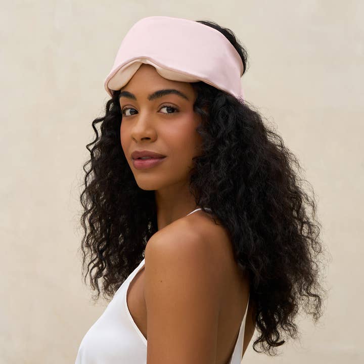 Blush satin eye mask with ruched elastic band
