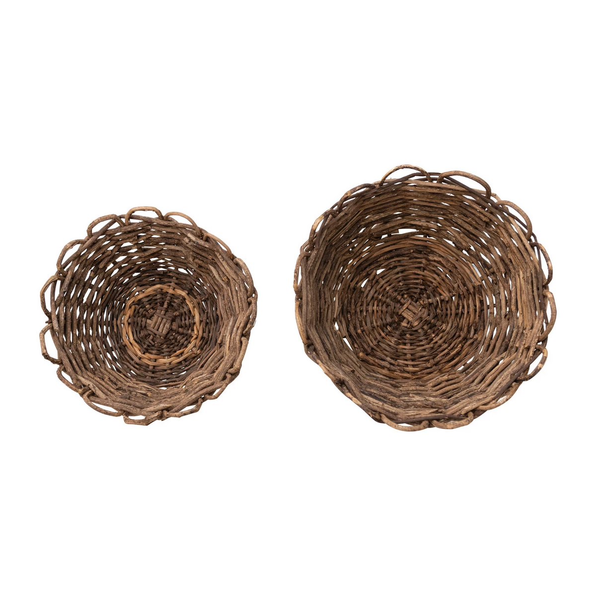 Top-down view of two round woven vine baskets in different sizes with scalloped edges.