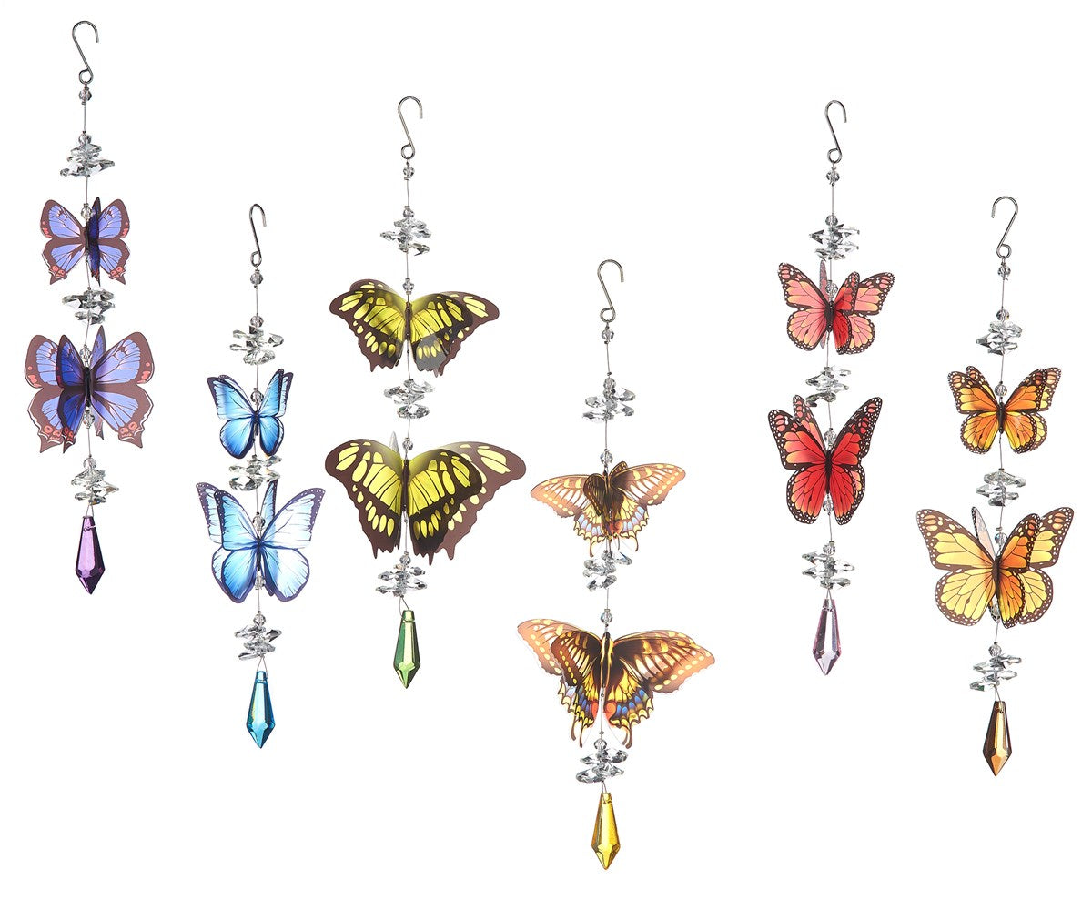 Alloy butterfly ornament with acrylic prism wings in a geometric shape.
