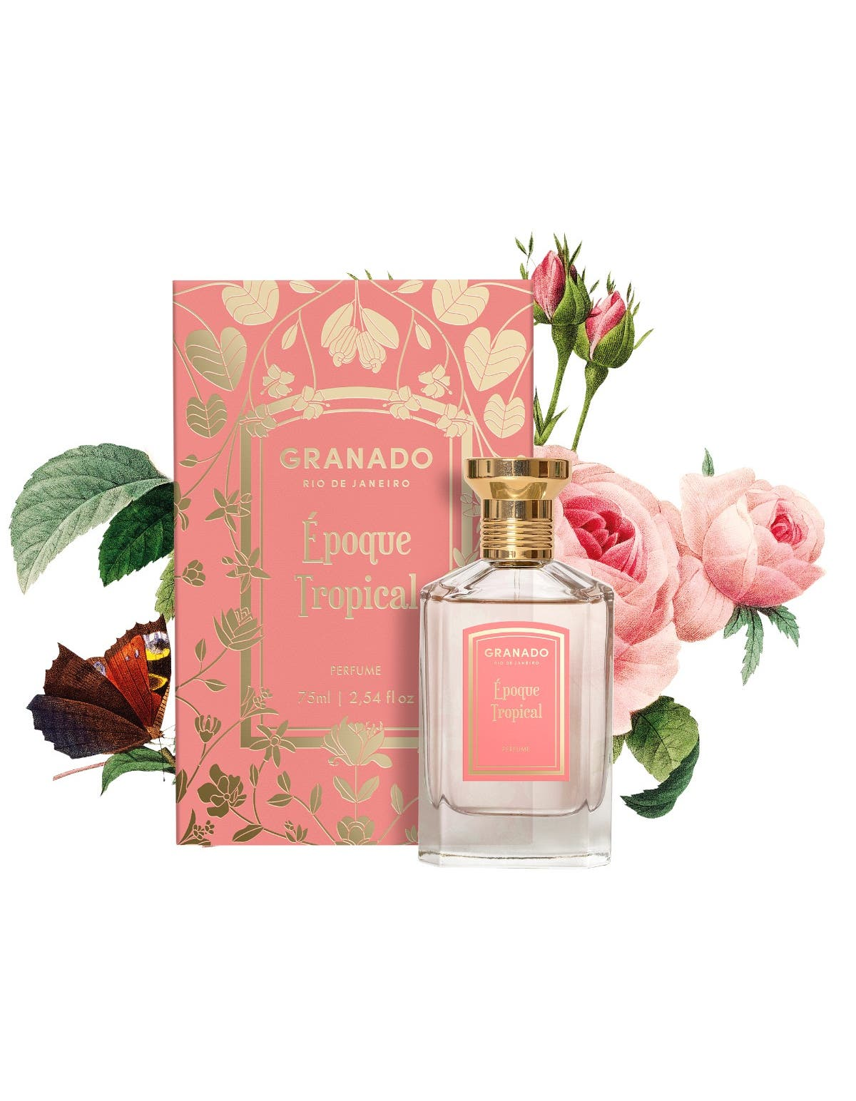 Époque Tropical Eau de Parfum 75ml bottle and pink floral box with rose and butterfly accents.