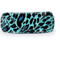 Structured neon pink star glitter sunglass case with magnetic closure, soft mesh lining, and natural leather logo patch.