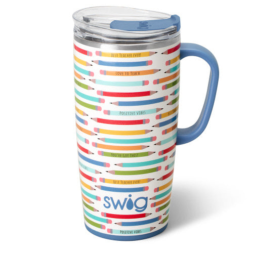 Silver stainless steel travel mug with a slim metal handle, silicone base, and large lid featuring a removable slider.