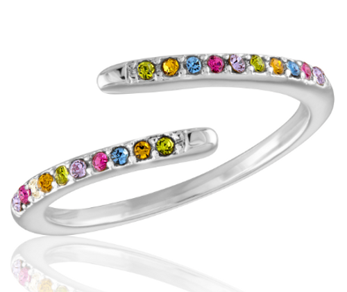 Thin multi-diamond open stack ring with a sleek silver band featuring sparkling stones in an elegant minimalist design.