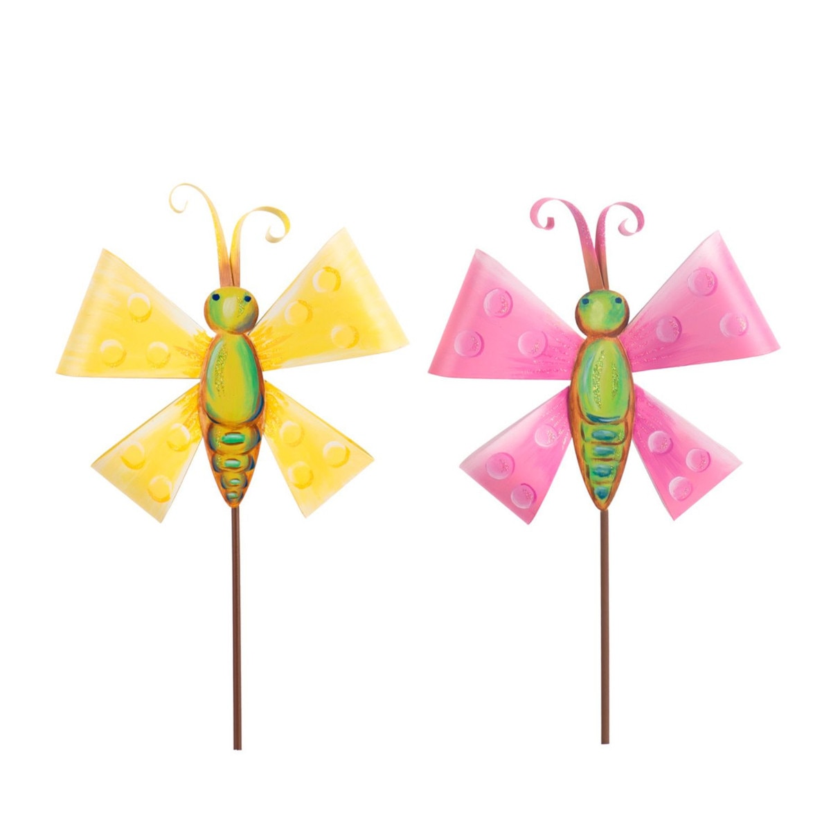 Bow-shaped butterfly stake with a natural wood finish.
