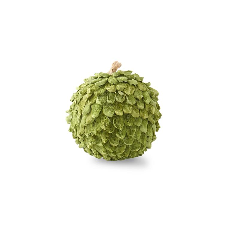 4.25-inch green petal leaf ball ornament with layered botanical texture and a small hanging loop.