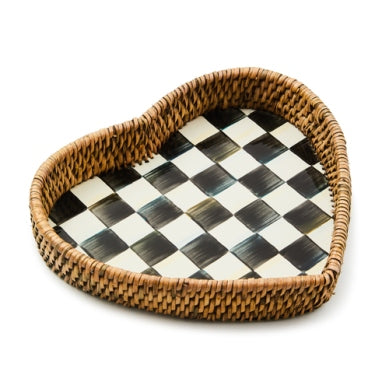 Hand-glazed steel heart-shaped tray with enamel finish and rattan accents