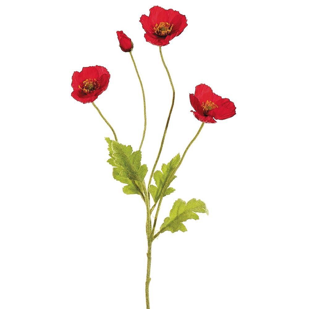 Poppy spray floral arrangement with red fabric petals on wire stems.