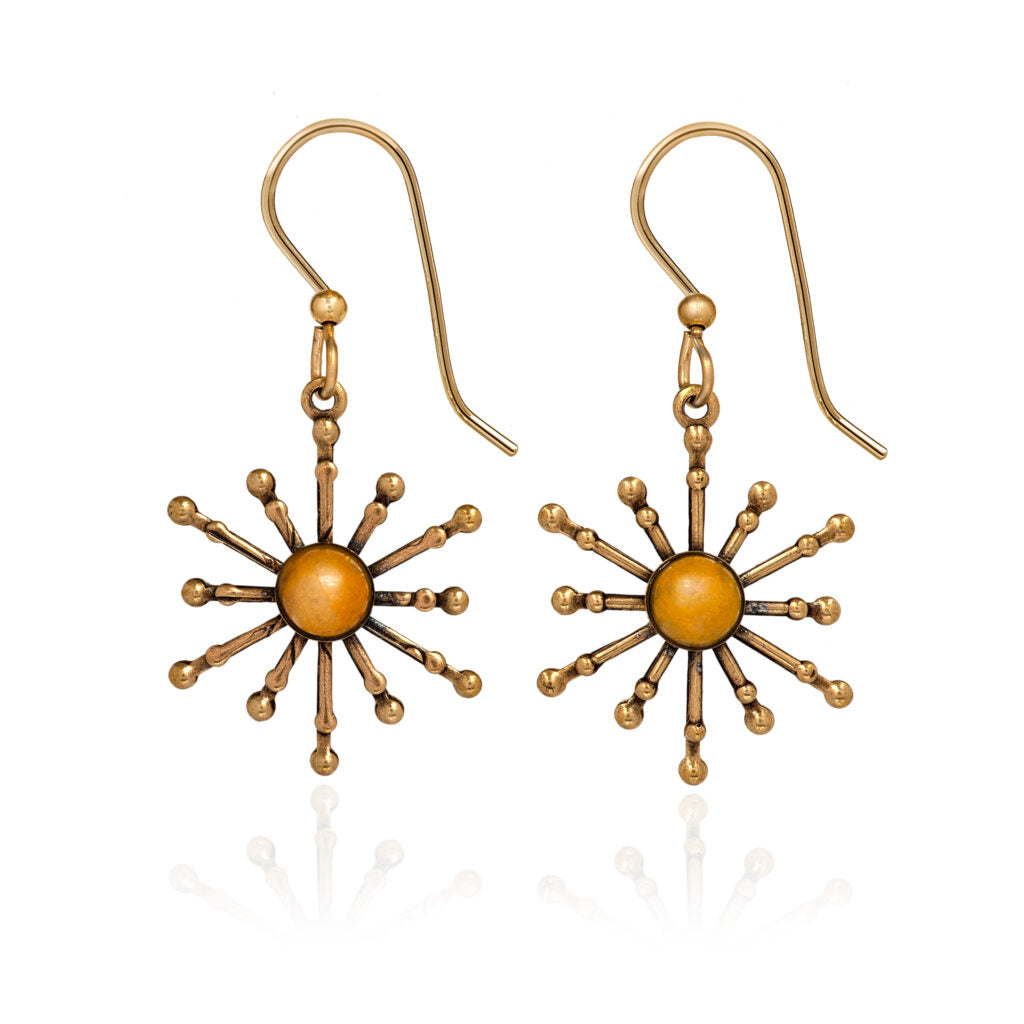 Spoke and round amber stone center earrings with 18K gold-over-steel French hooks.